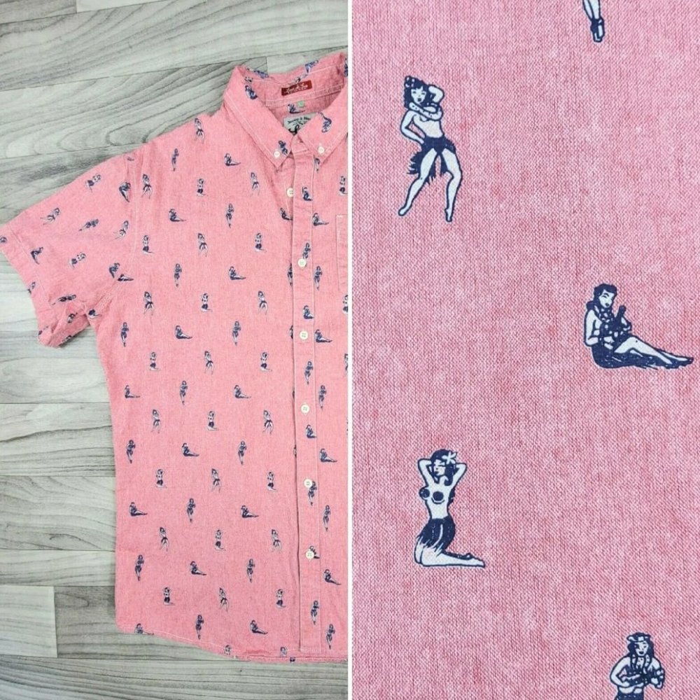 LOST At Sea Hawaiian Shirt Men Size L Keeping It Unreal Hula Girl Luau Pink